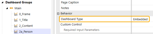 The Dashboard Type property has Embedded selected and is outline with yellow highlight